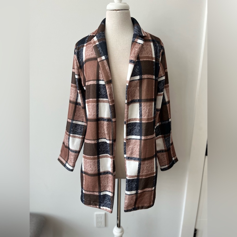 Khaki & Cream Plaid Pocket Open Shacket - Medium